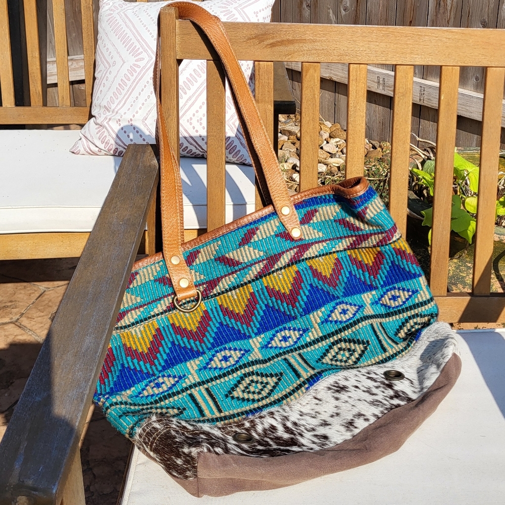 Myra Bag Colorful Patterned Animal Fur Hide Tote Bag